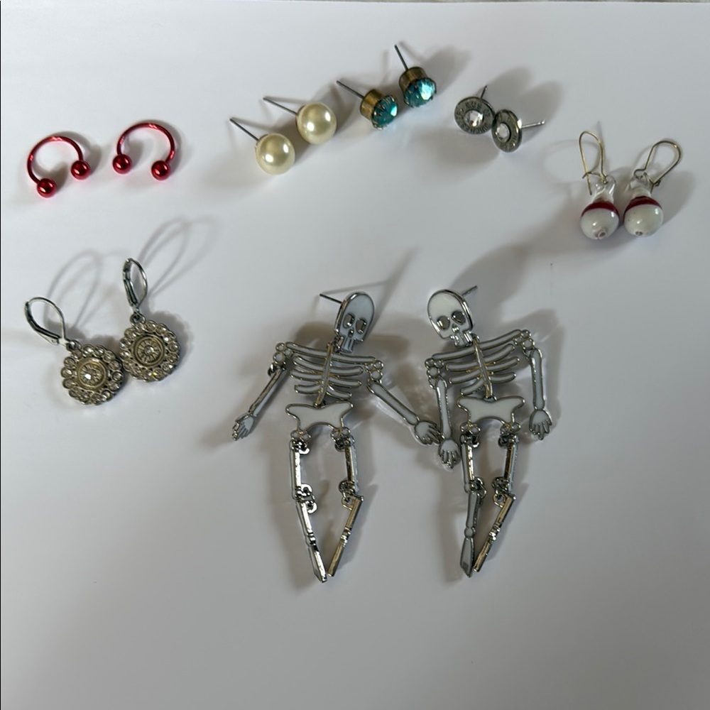 Silver Skeleton Earrings and Assorted Studs